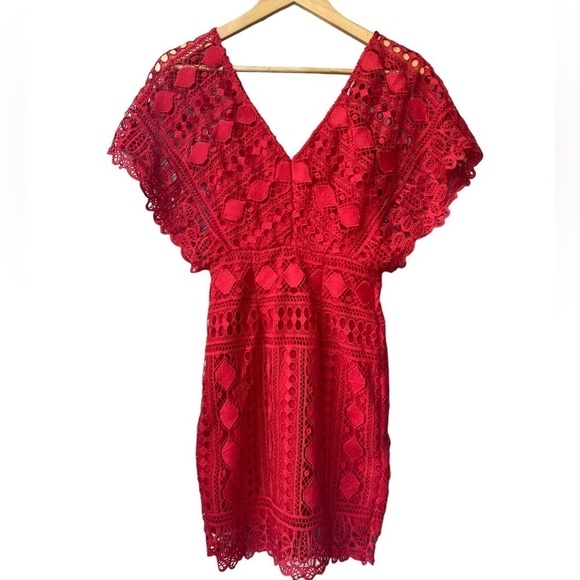 Lulus Mini Dress Coquette XS Lace Feminine Tomato Girl Cherry Red Flutter Sleeve - Picture 7 of 11